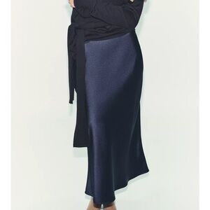 Zara Midnight Blue Satin Navy Slip Skirt Midi Skirt